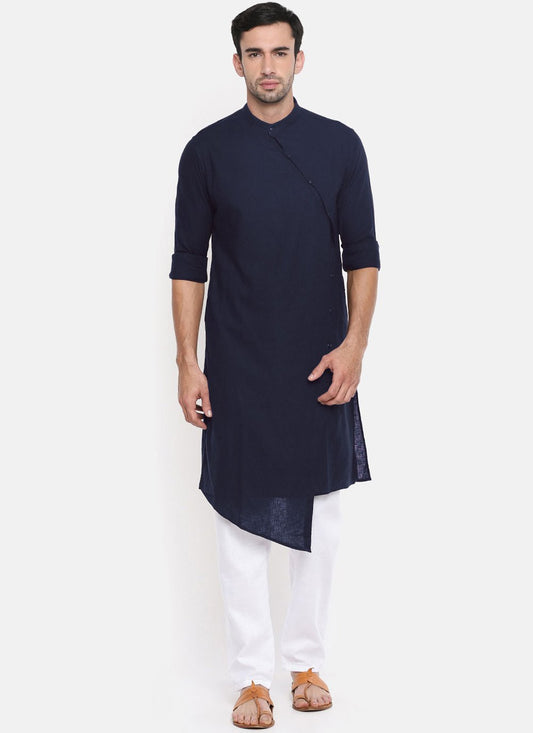 Indo Western Blended Cotton Blue Plain Mens