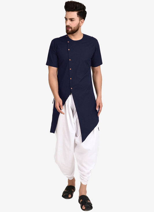 Indo Western Blended Cotton Blue Plain Mens