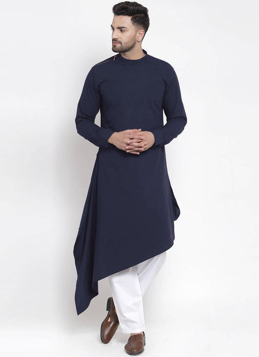 Indo Western Blended Cotton Blue Plain Mens