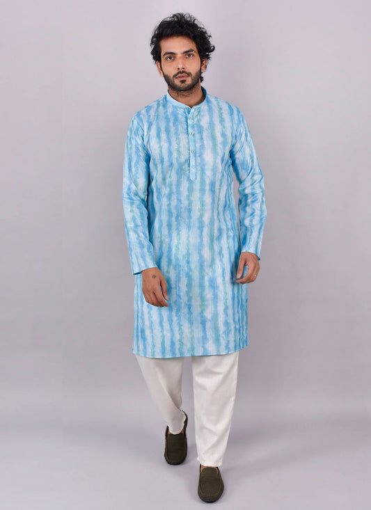 Kurta Pyjama Blended Cotton Aqua Blue Print Mens