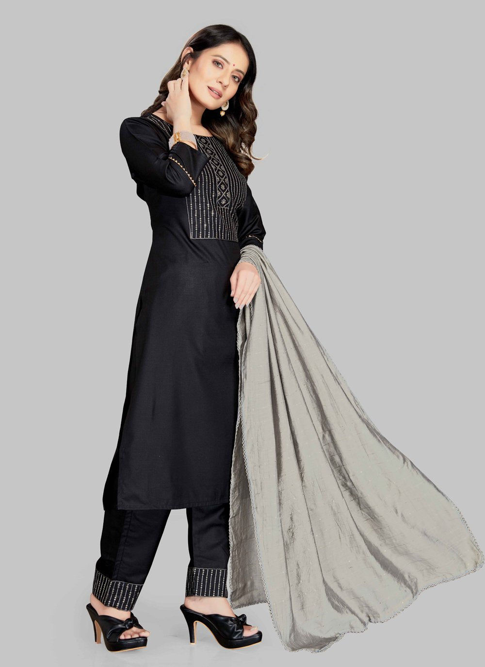 Pant Style Suit Blended Cotton Black Embroidered Salwar Kameez