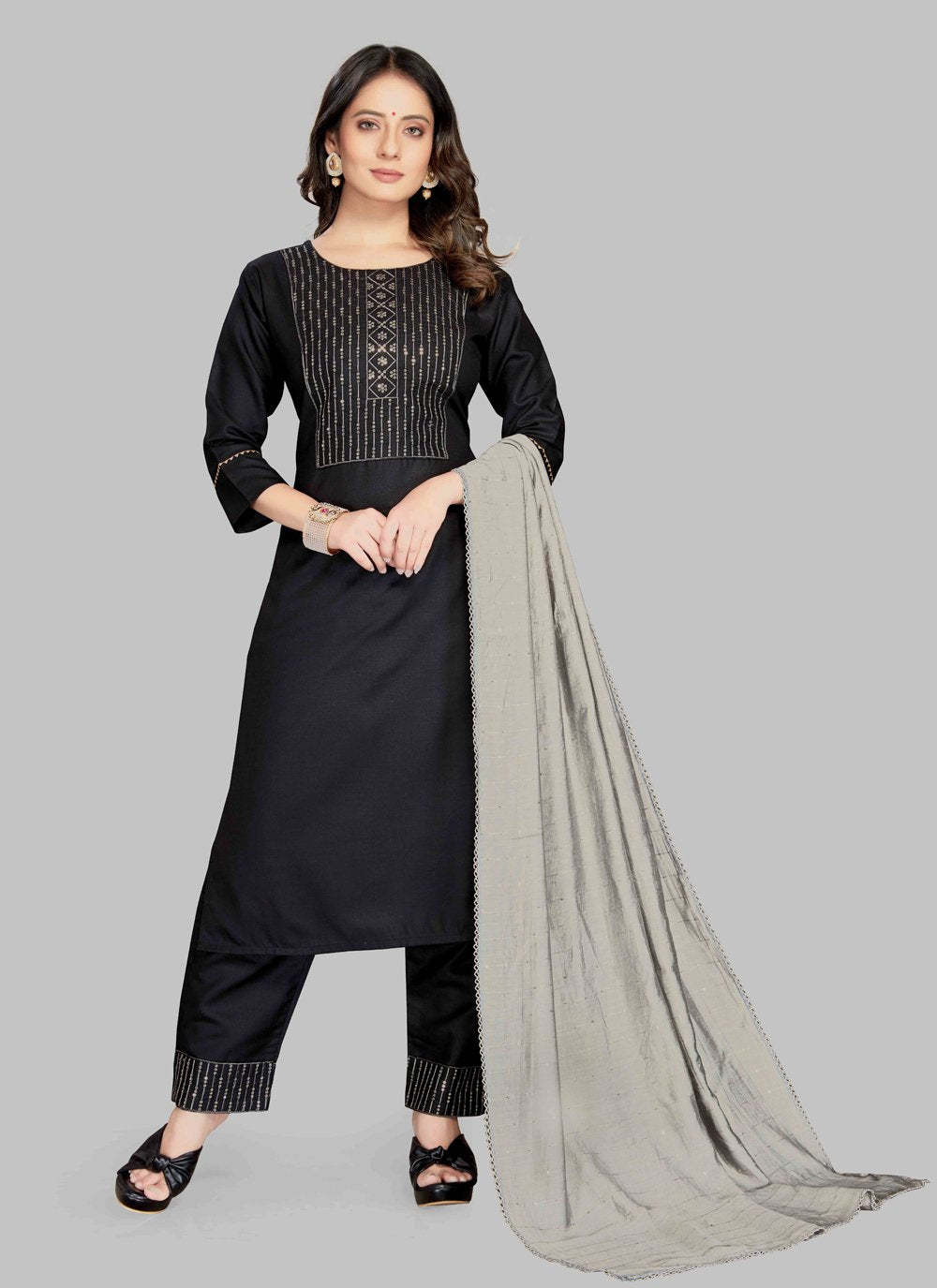 Pant Style Suit Blended Cotton Black Embroidered Salwar Kameez