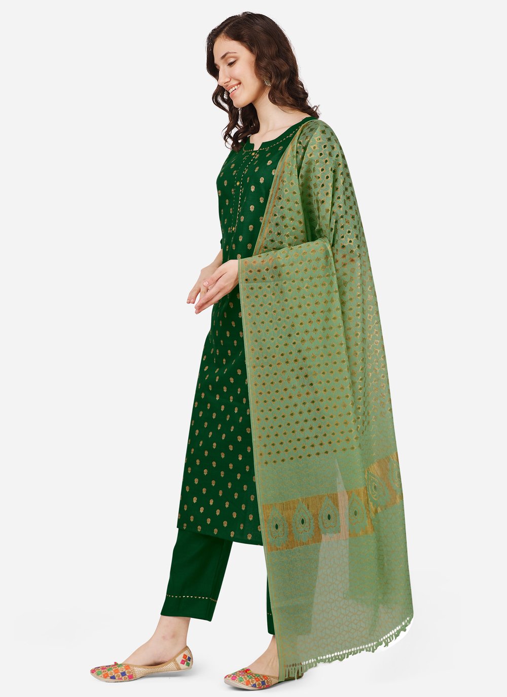 Pant Style Suit Blended Cotton Green Embroidered Salwar Kameez