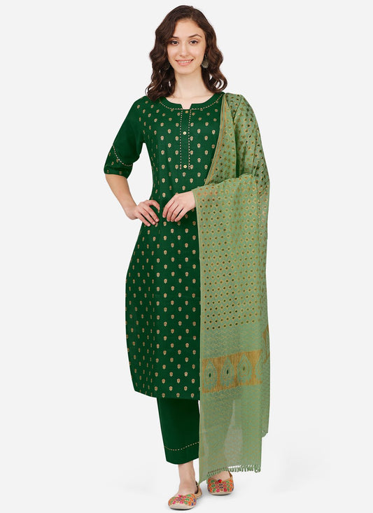 Pant Style Suit Blended Cotton Green Embroidered Salwar Kameez