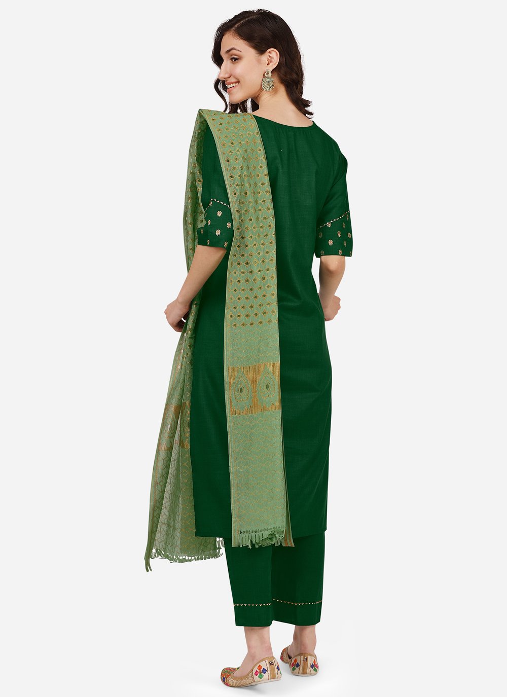 Pant Style Suit Blended Cotton Green Embroidered Salwar Kameez