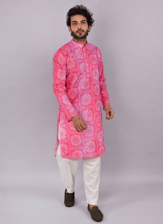 Kurta Pyjama Blended Cotton Pink Print Mens