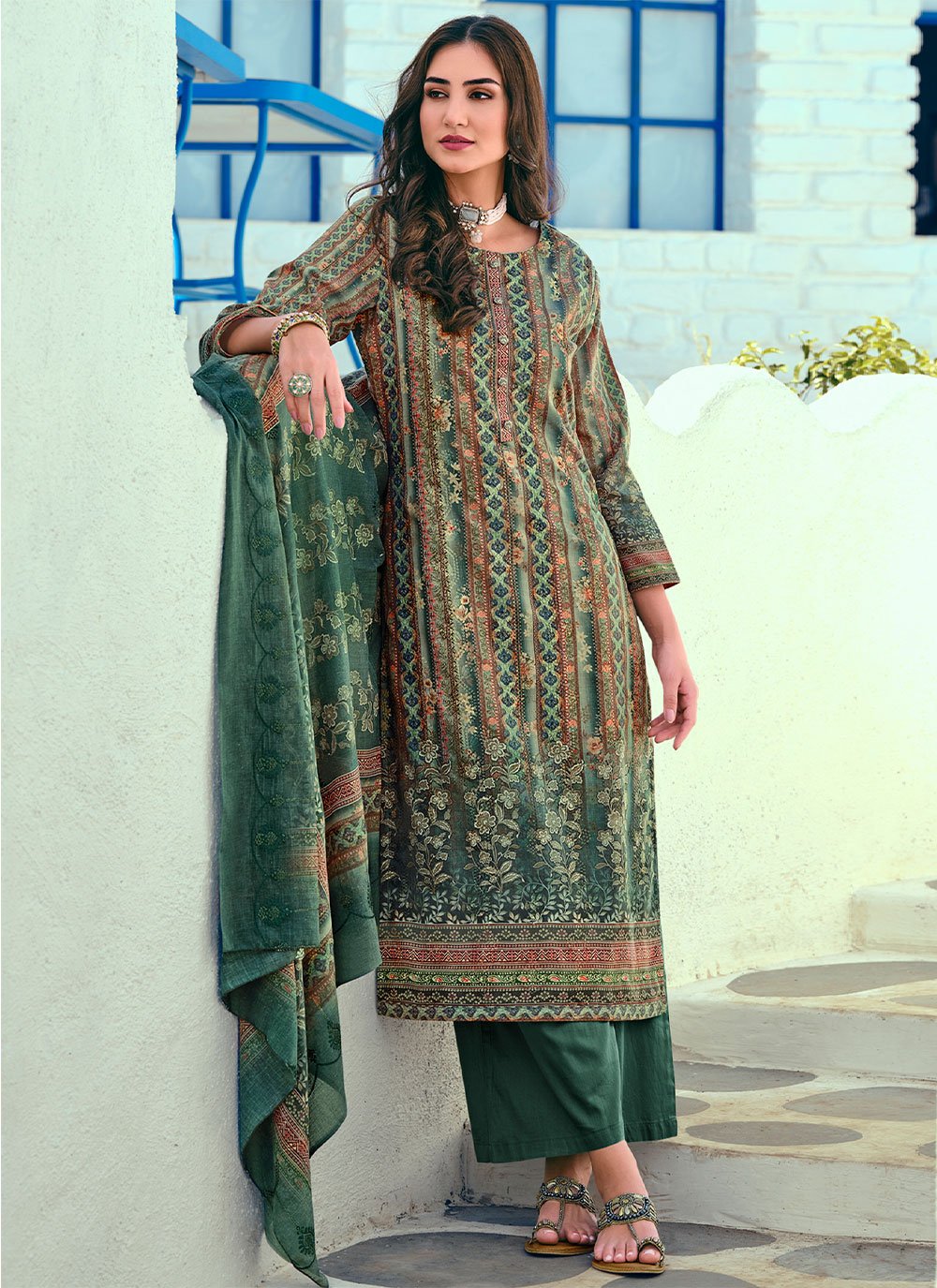 Salwar Suit Blended Cotton Green Digital Print Salwar Kameez