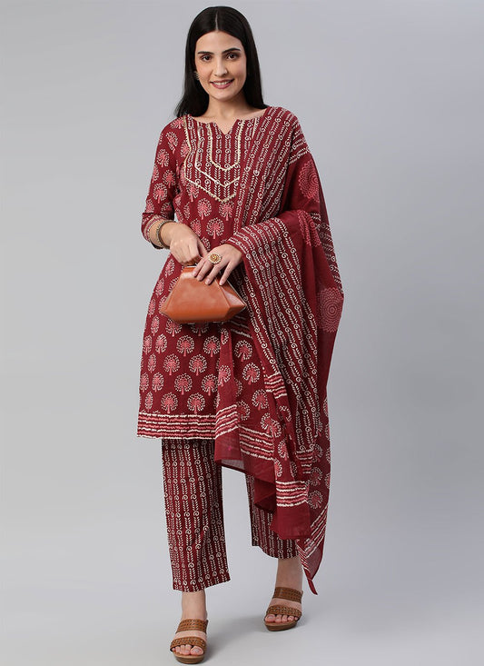 Straight Salwar Suit Cotton Maroon Block Print Salwar Kameez