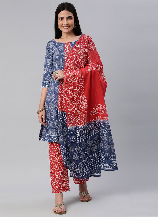 Straight Salwar Suit Cotton Blue Red Block Print Salwar Kameez