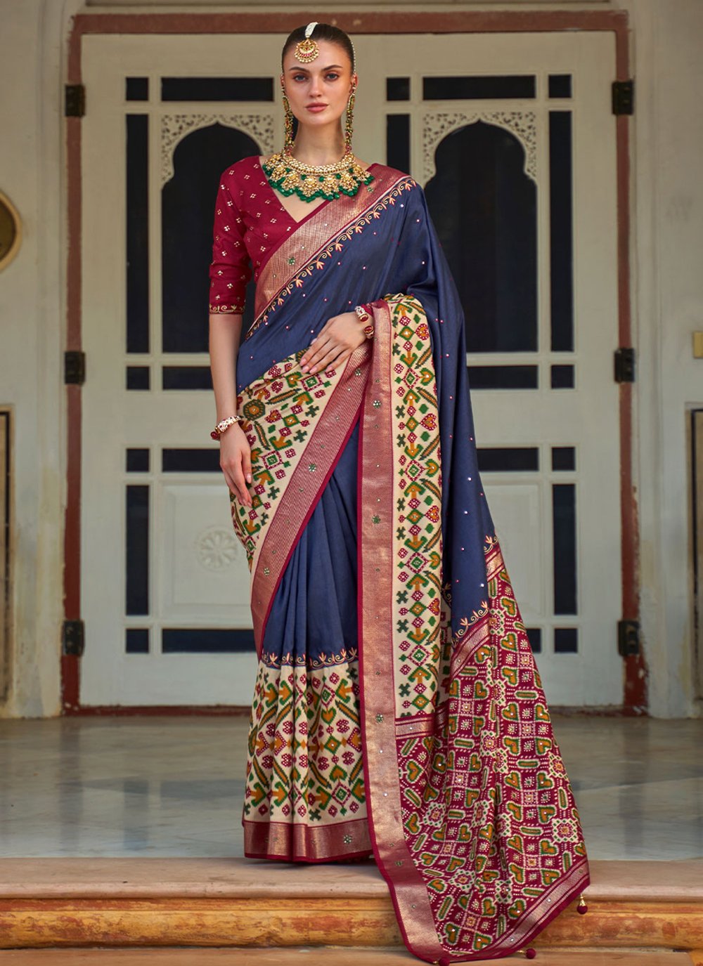 Designer Patola Silk Blue Aari Work Saree