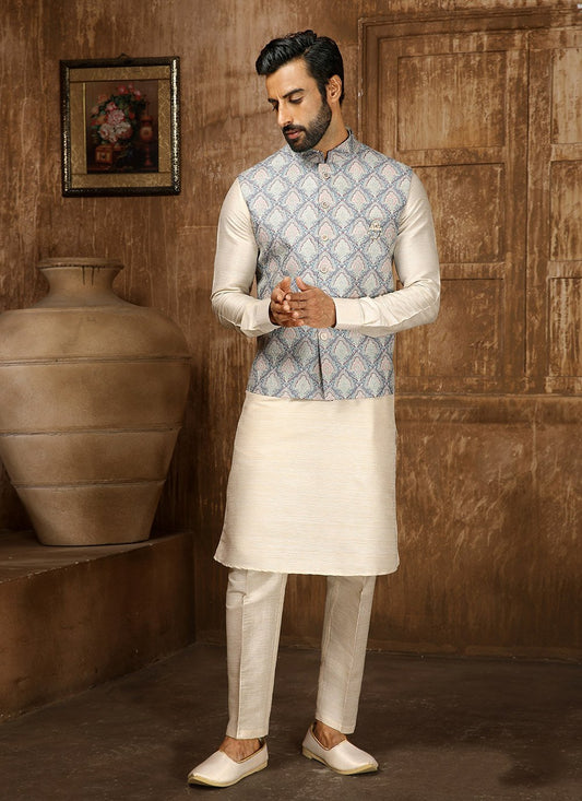 Kurta Payjama With Jacket Fancy Fabric Blue Cream Digital Print Mens