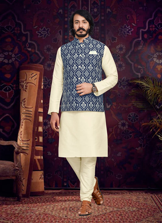 Kurta Payjama With Jacket Art Silk Jacquard Blue Cream Fancy Work Mens