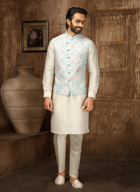 Kurta Payjama With Jacket Fancy Fabric Blue Cream Digital Print Mens