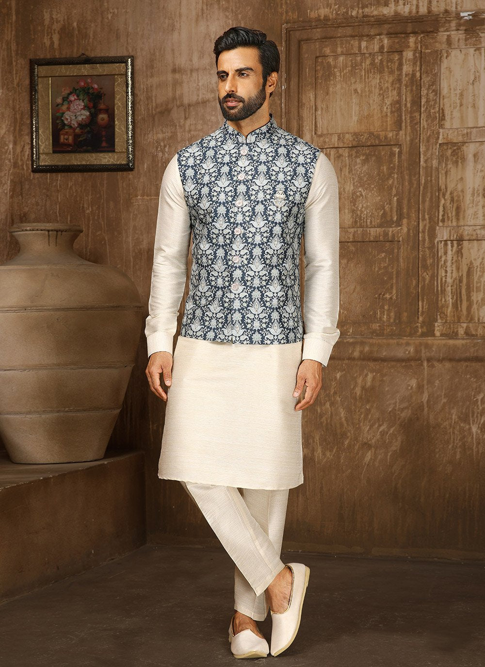 Kurta Payjama With Jacket Fancy Fabric Blue Cream Digital Print Mens