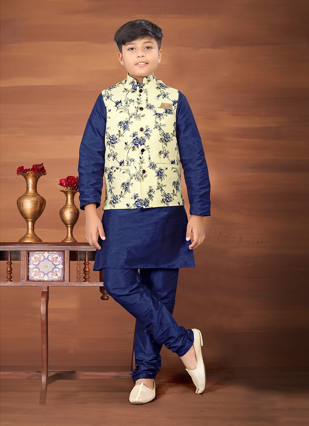 Kurta Payjama With Jacket Jute Silk Blue Cream Digital Print Kids