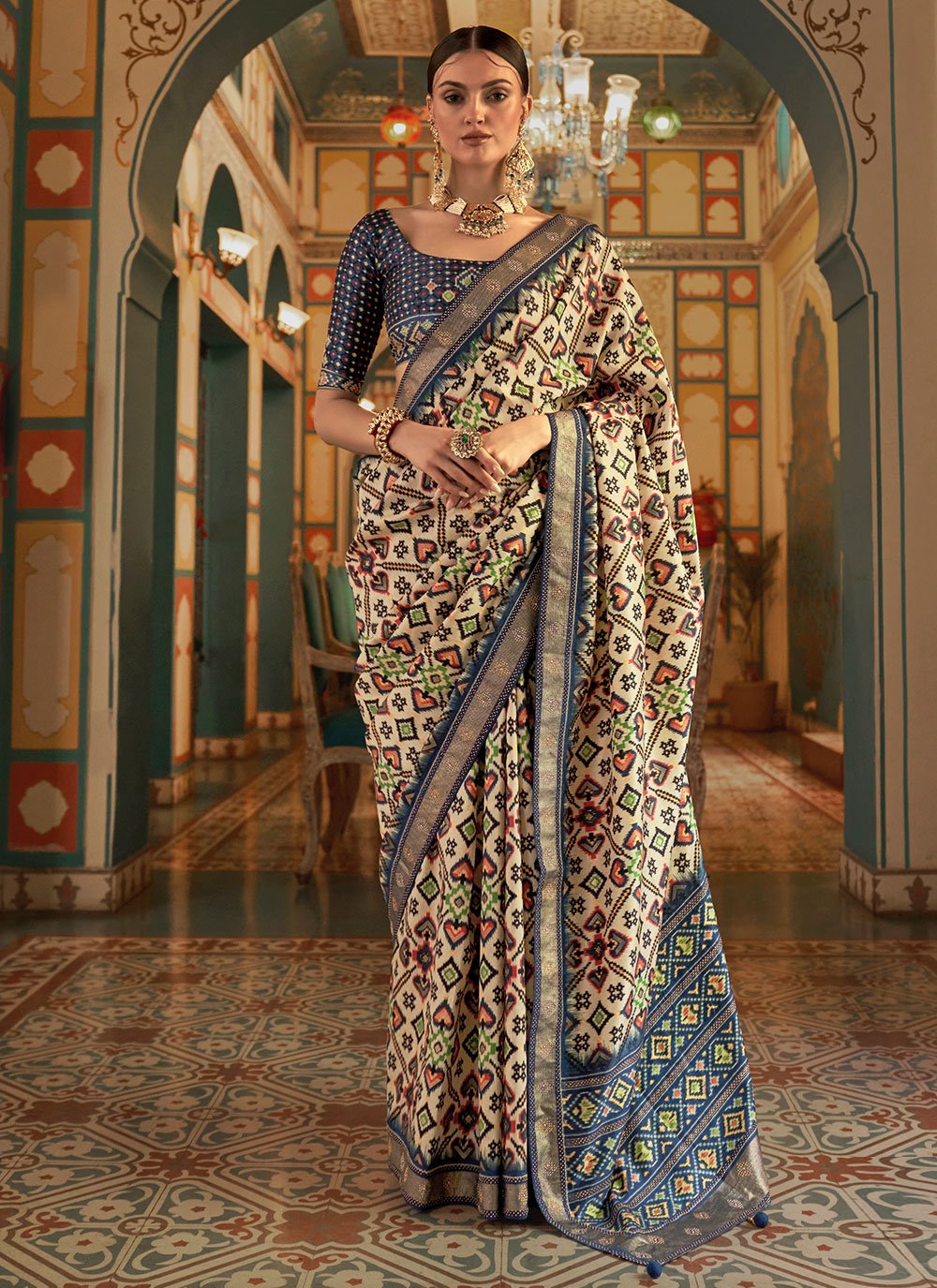 Classic Patola Silk Blue Cream Weaving Saree