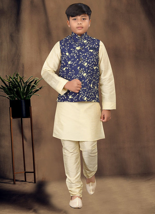 Kurta Payjama With Jacket Jute Silk Blue Cream Digital Print Kids