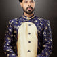 Indo Western Sherwani Banarasi Jacquard Dupion Silk Blue Cream Embroidered Mens