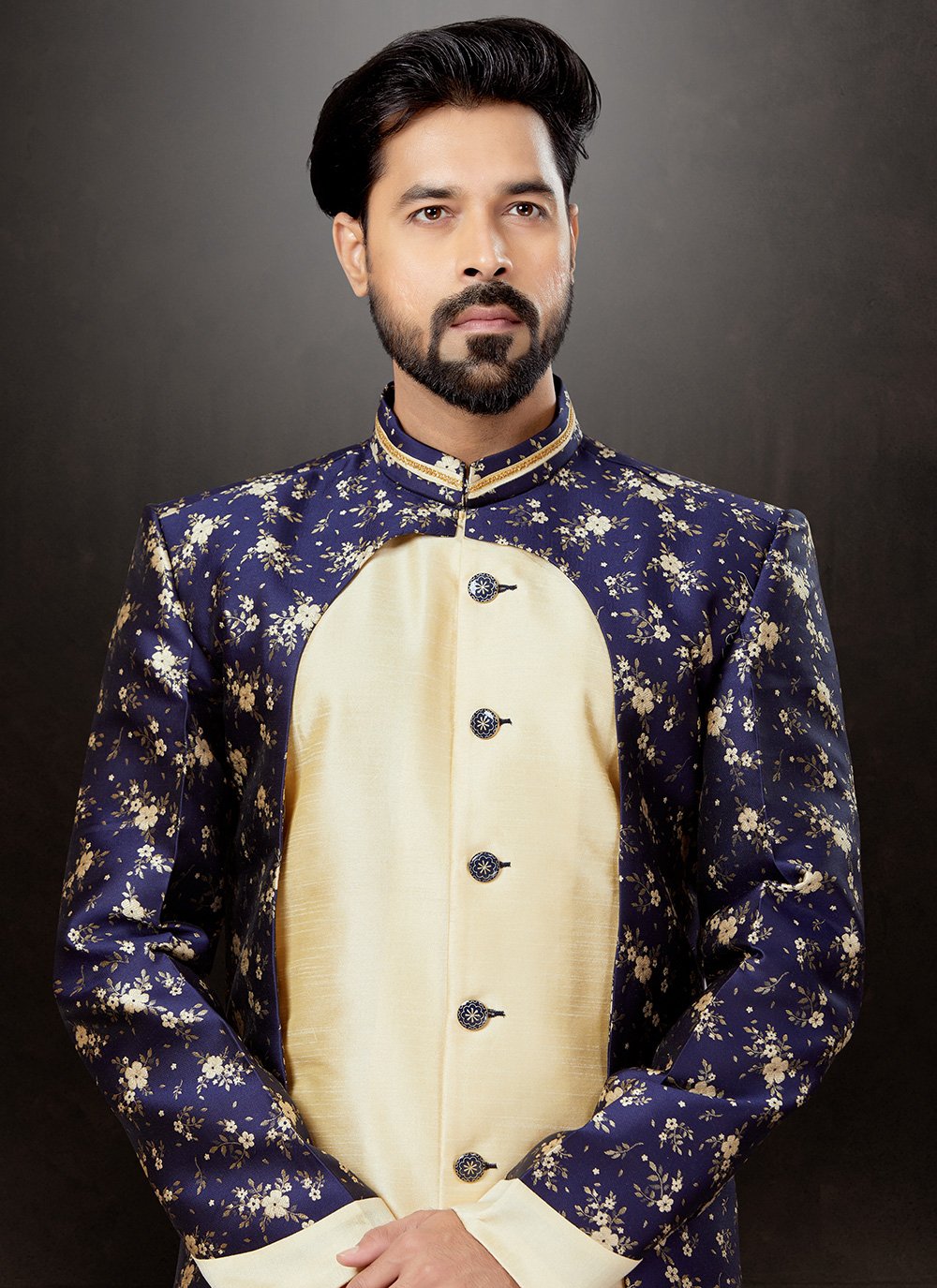 Indo Western Sherwani Banarasi Jacquard Dupion Silk Blue Cream Embroidered Mens