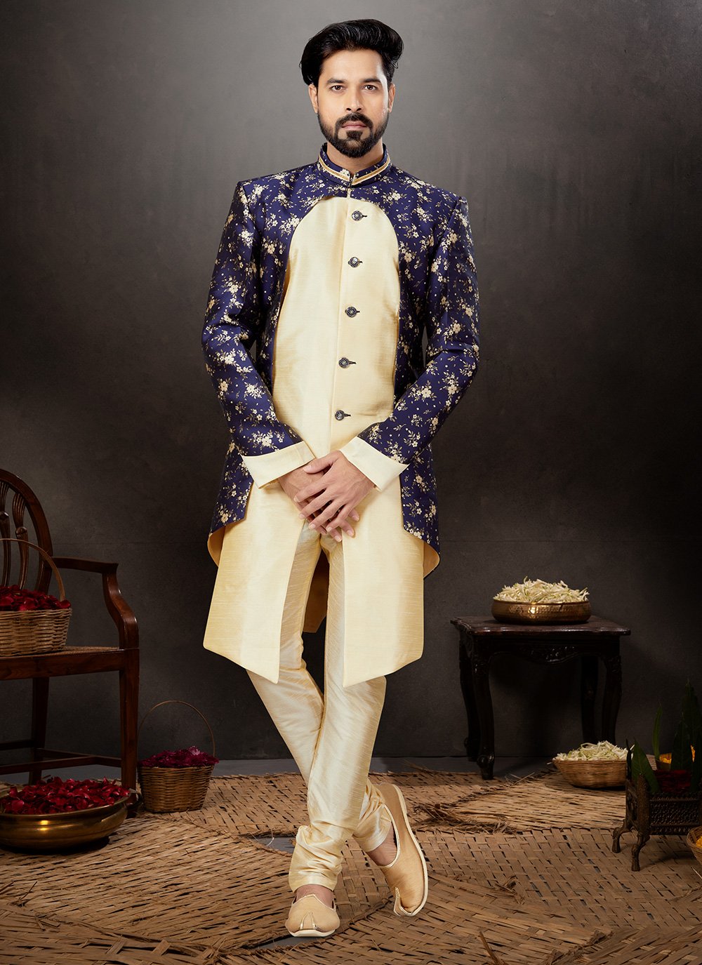 Indo Western Sherwani Banarasi Jacquard Dupion Silk Blue Cream Embroidered Mens