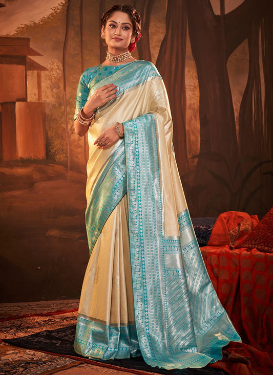 Classic Kanchipuram Silk Blue Cream Weaving Saree