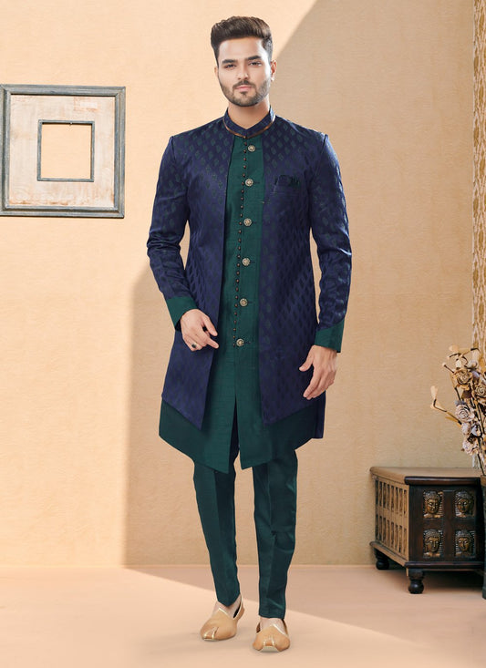 Indo Western Sherwani Banarasi Jacquard Blue Green Thread Mens