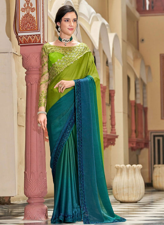 Contemporary Silk Blue Green Embroidered Saree