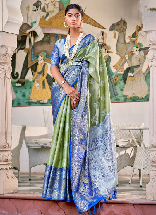 Contemporary Silk Tissue Blue Green Weaving Saree