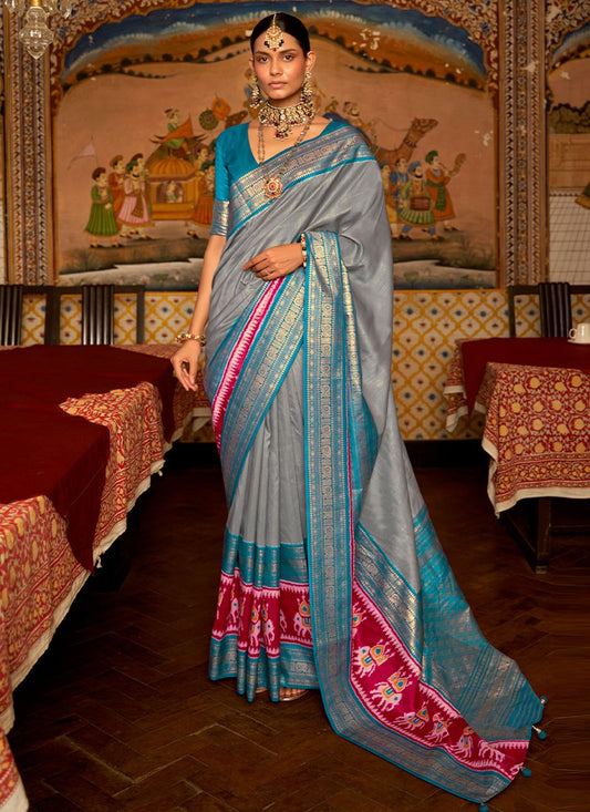 Contemporary Patola Silk Blue Grey Patch Border Saree