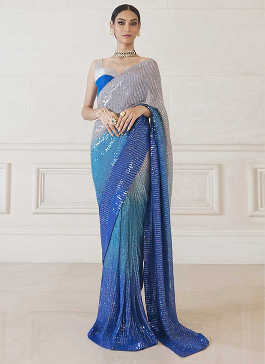 Shaded Saree Georgette Blue Grey Sequins Saree