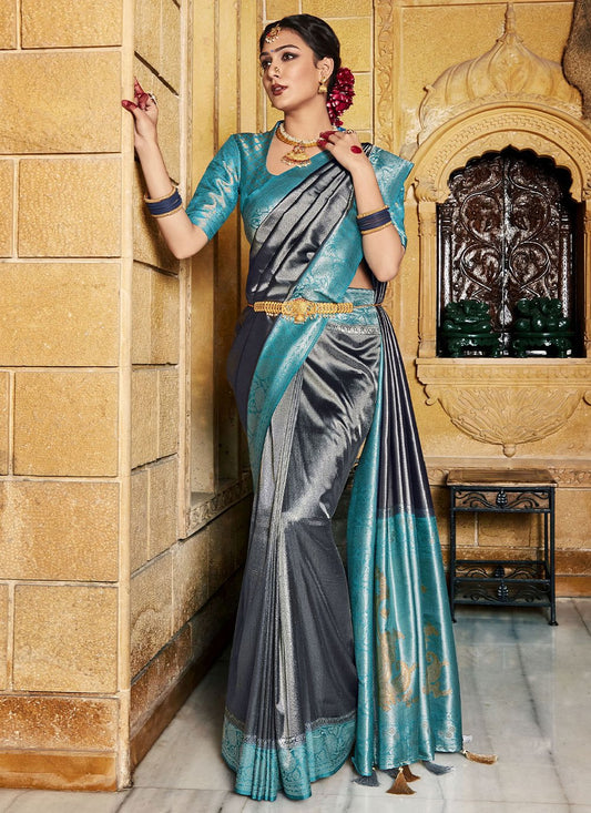 Trendy Saree Silk Blue Grey Fancy Work Saree