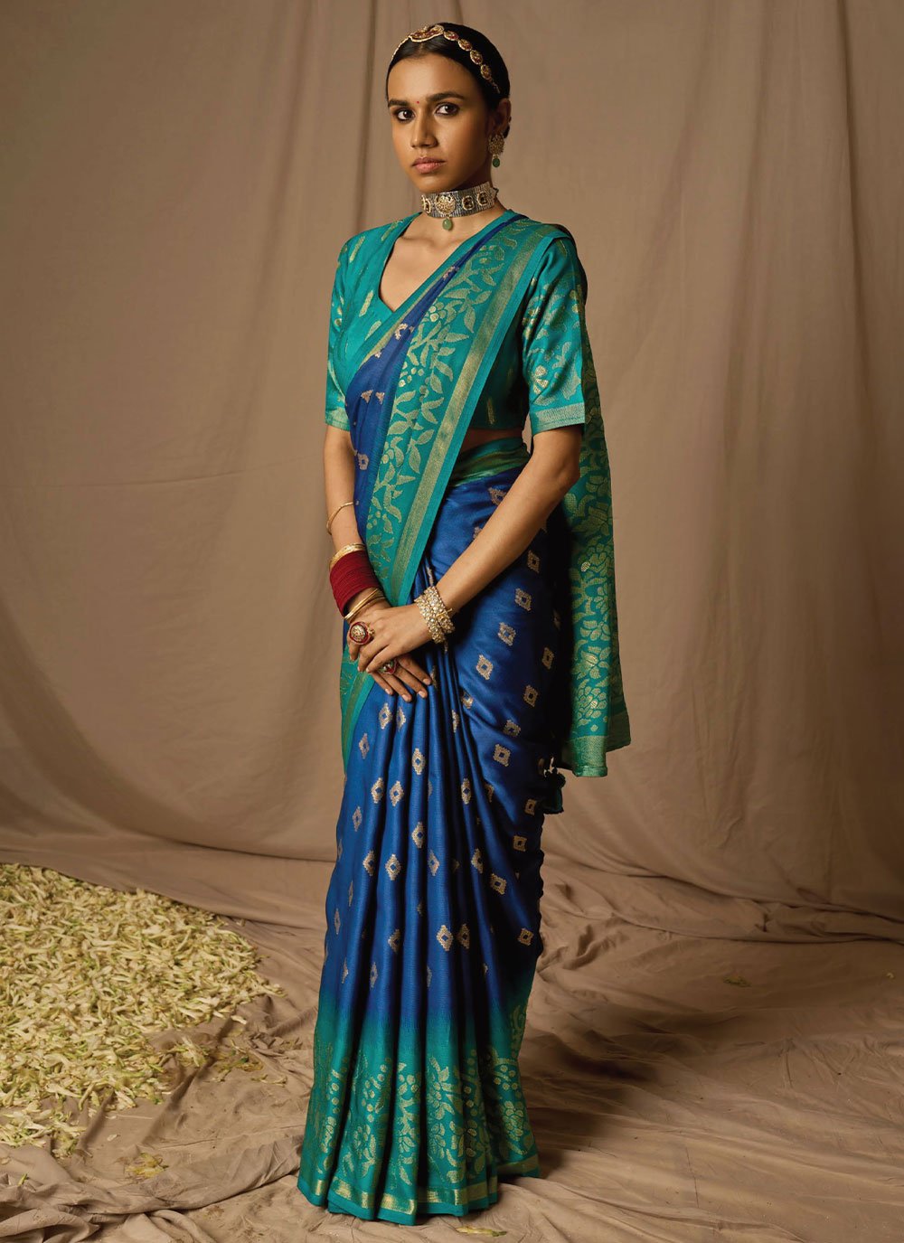 Classic Brasso Blue Morpeach Woven Saree