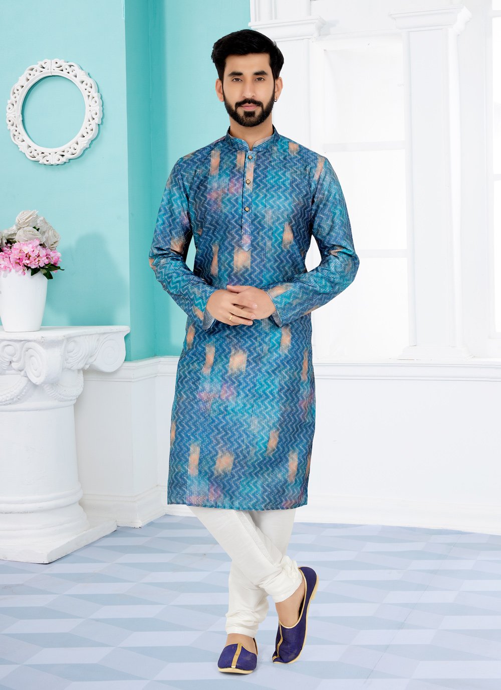 Kurta Pyjama Fancy Fabric Blue Multi Colour Digital Print Mens