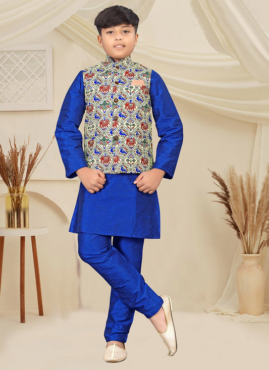 Kurta Payjama With Jacket Silk Blue Multi Colour Digital Print Kids
