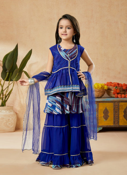 Sharara Set Faux Georgette Blue Multi Colour Lace Kids