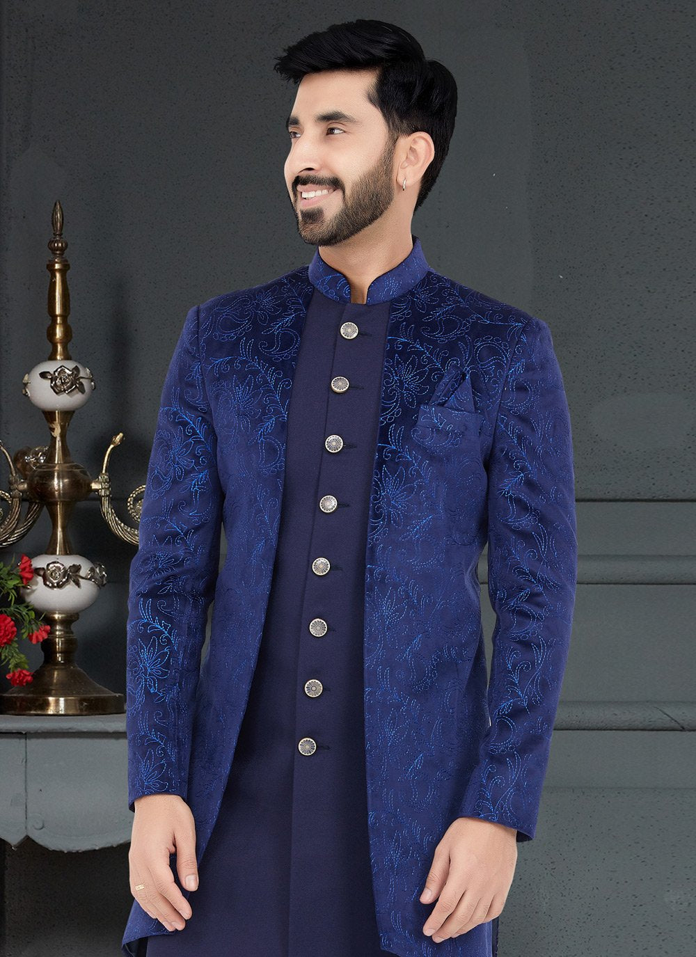 Indo Western Velvet Blue Embroidered Mens