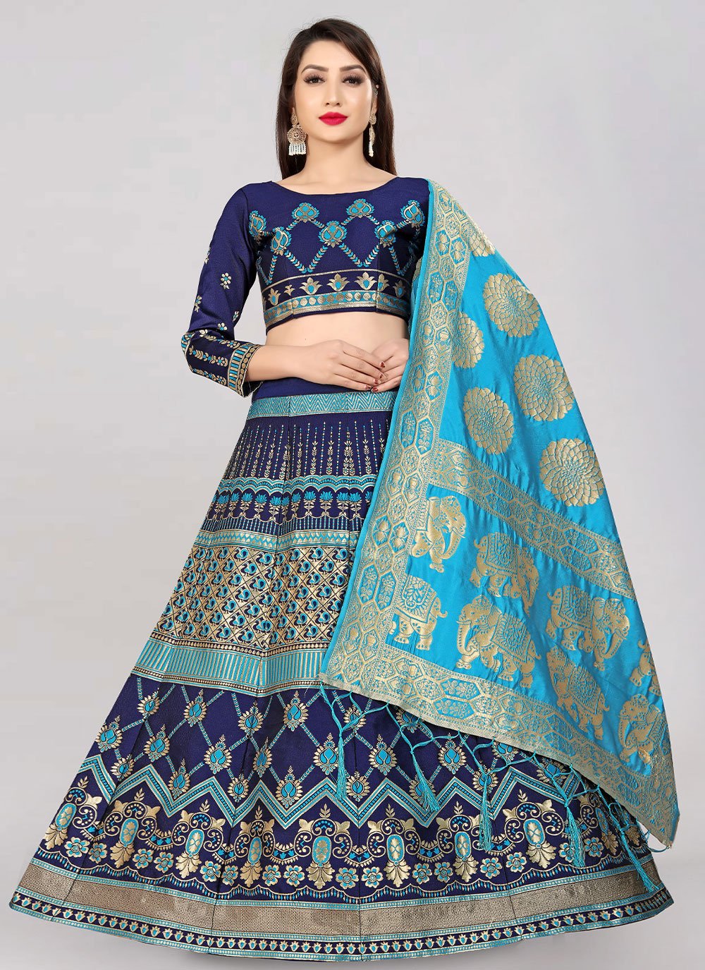 Lehenga Choli Banarasi Silk Blue Jacquard Work Lehenga Choli