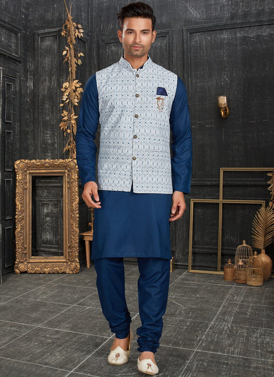 Kurta Payjama With Jacket Cotton Blue Off White Chicken Mens