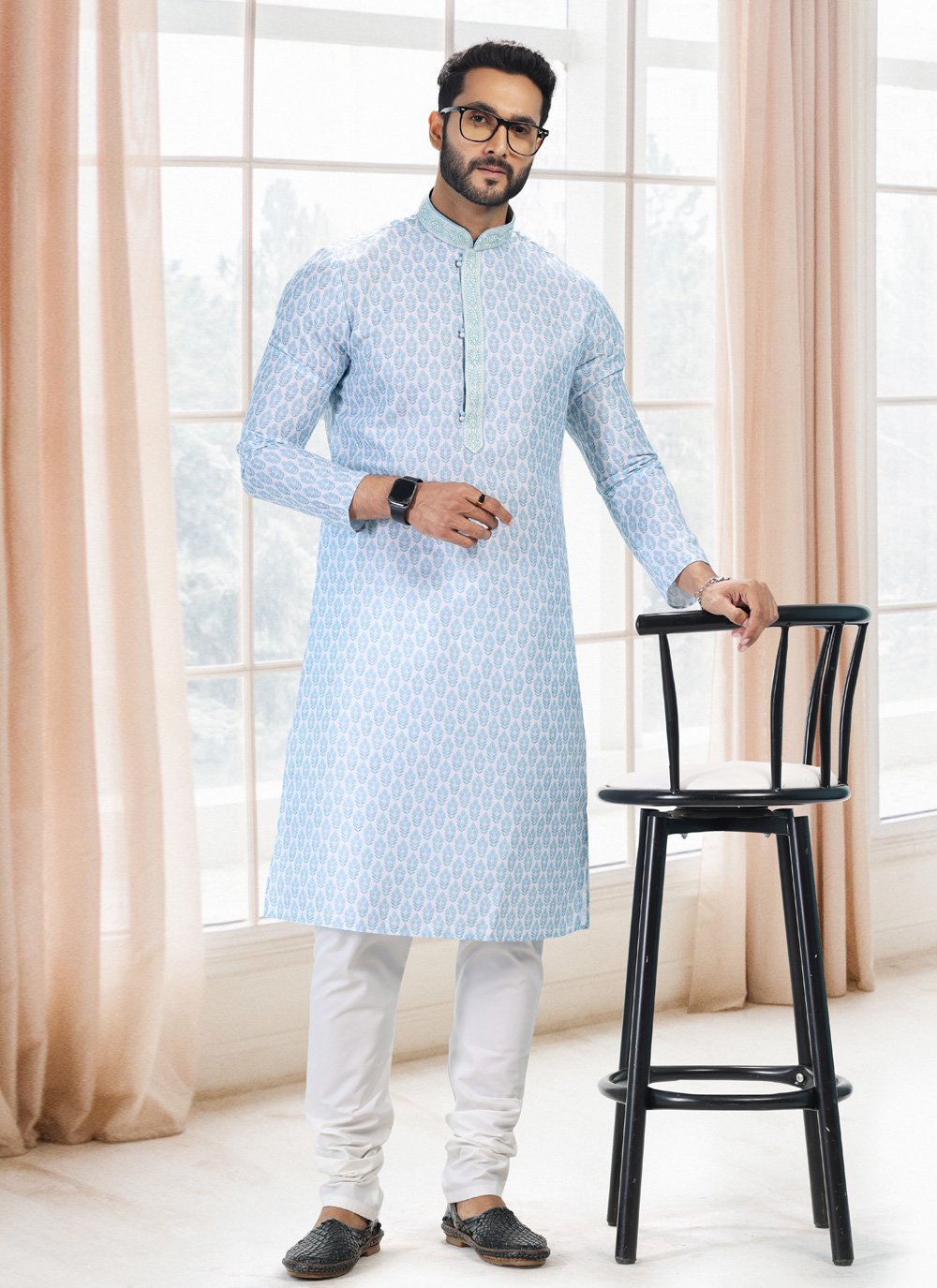 Kurta Pyjama Cotton Blue Off White Fancy Work Mens