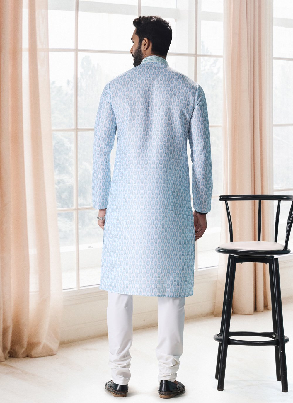 Kurta Pyjama Cotton Blue Off White Fancy Work Mens