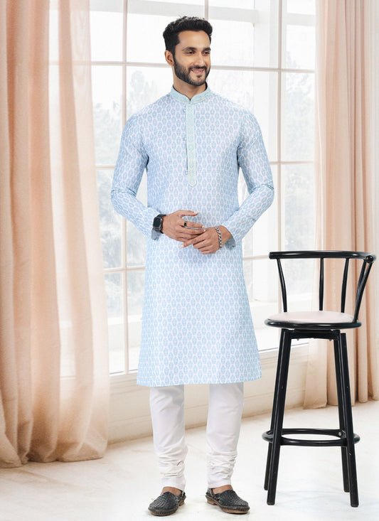 Kurta Pyjama Cotton Blue Off White Fancy Work Mens