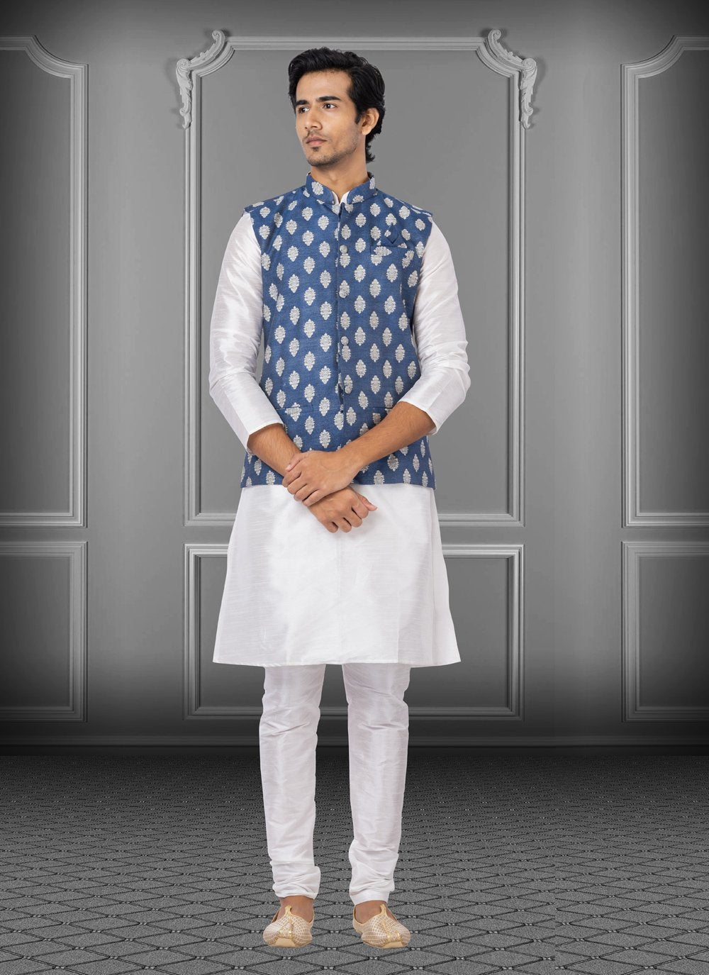 Kurta Payjama With Jacket Dupion Silk Jacquard Silk Blue Off White Fancy Work Mens