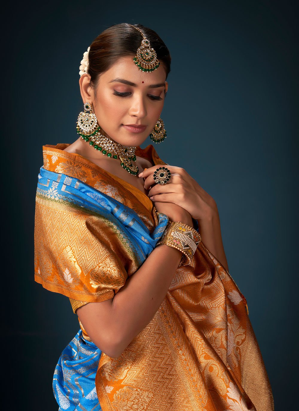 Classic Art Banarasi Silk Blue Orange Woven Saree