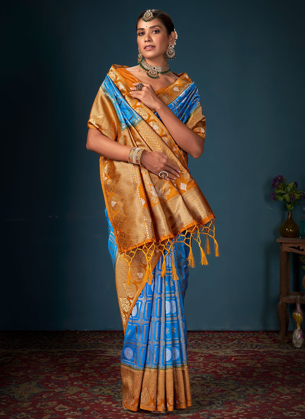 Classic Art Banarasi Silk Blue Orange Woven Saree