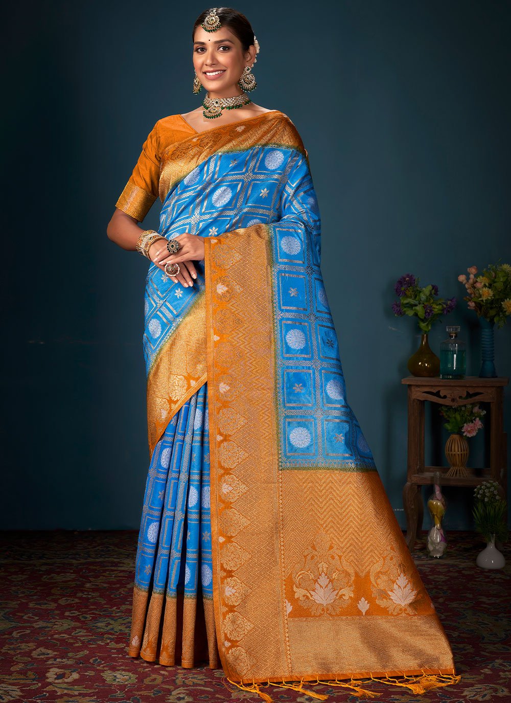 Classic Art Banarasi Silk Blue Orange Woven Saree