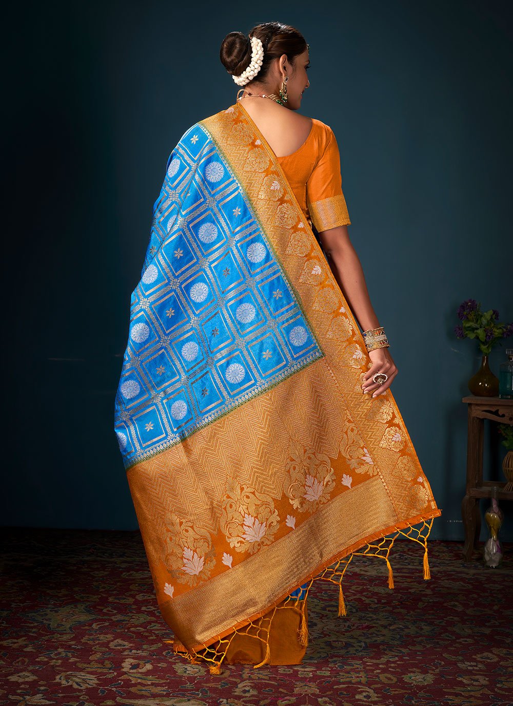 Classic Art Banarasi Silk Blue Orange Woven Saree