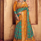 Contemporary Silk Blue Orange Foil Print Saree