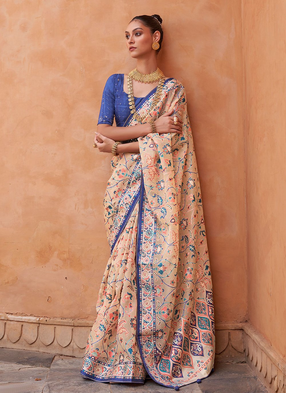 Trendy Saree Brasso Blue Peach Fancy Work Saree