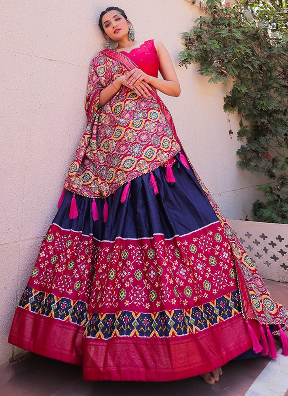 A Line Lehenga Silk Blue Pink Foil Print Lehenga Choli