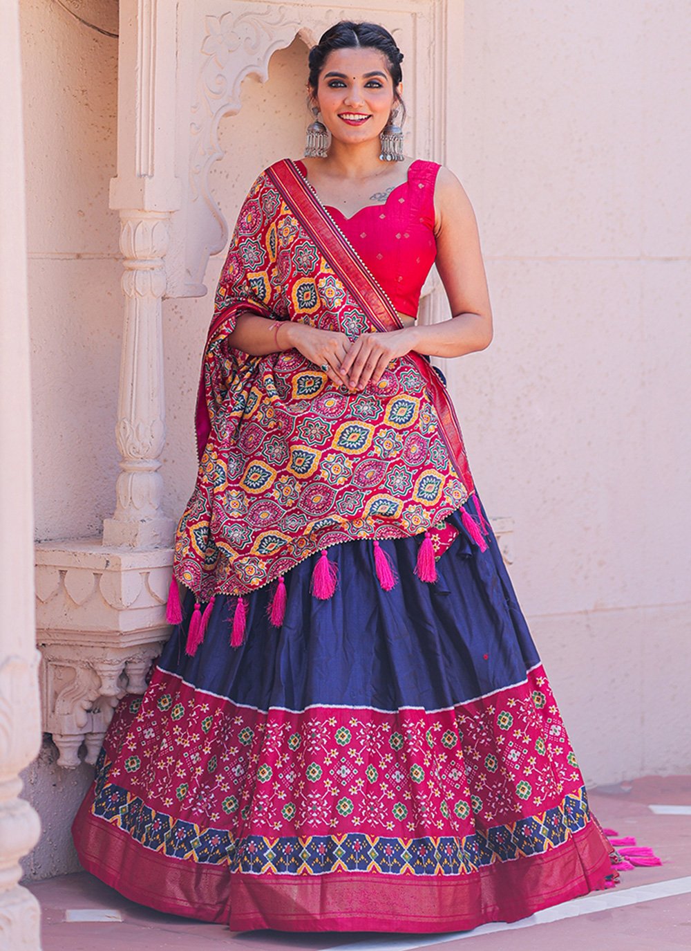 A Line Lehenga Silk Blue Pink Foil Print Lehenga Choli